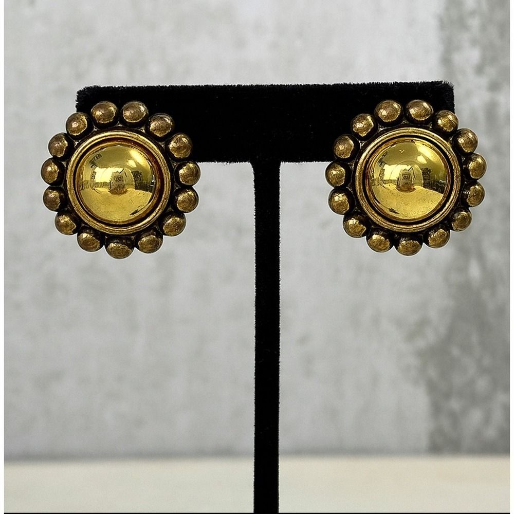 70's Vintage‎ Womens Chunky Floral Gold Toned Clip on Statement Huggie Earrings
